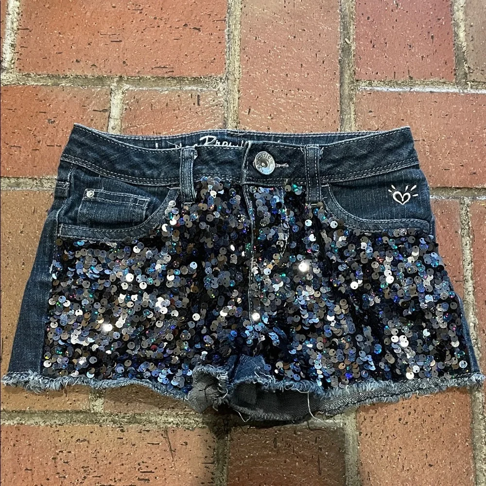 Justice Dark‎ Blue Sequin Jean Shorts & Metallic Sports Bra